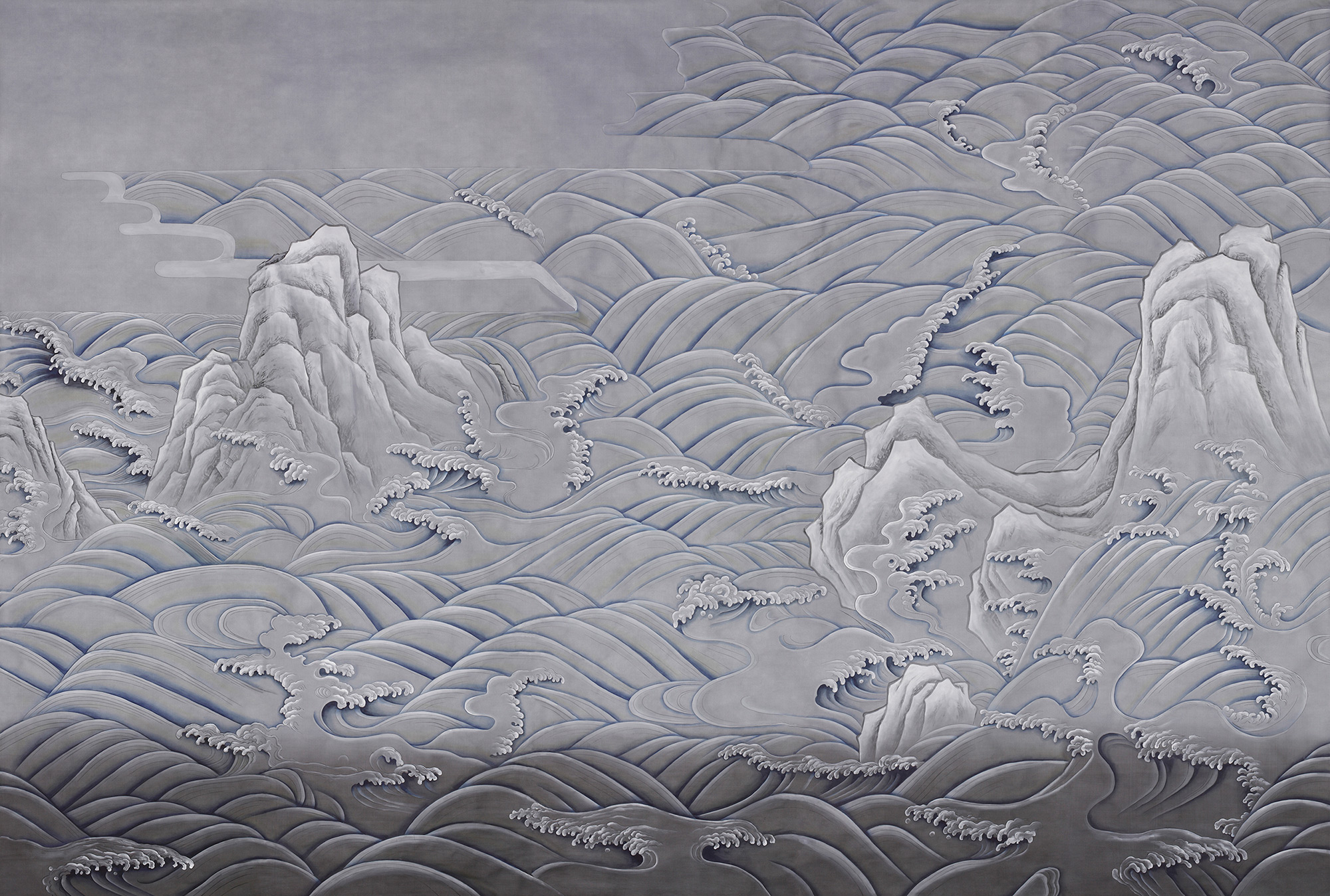 Hokusai on Gun Metal dyed silk
