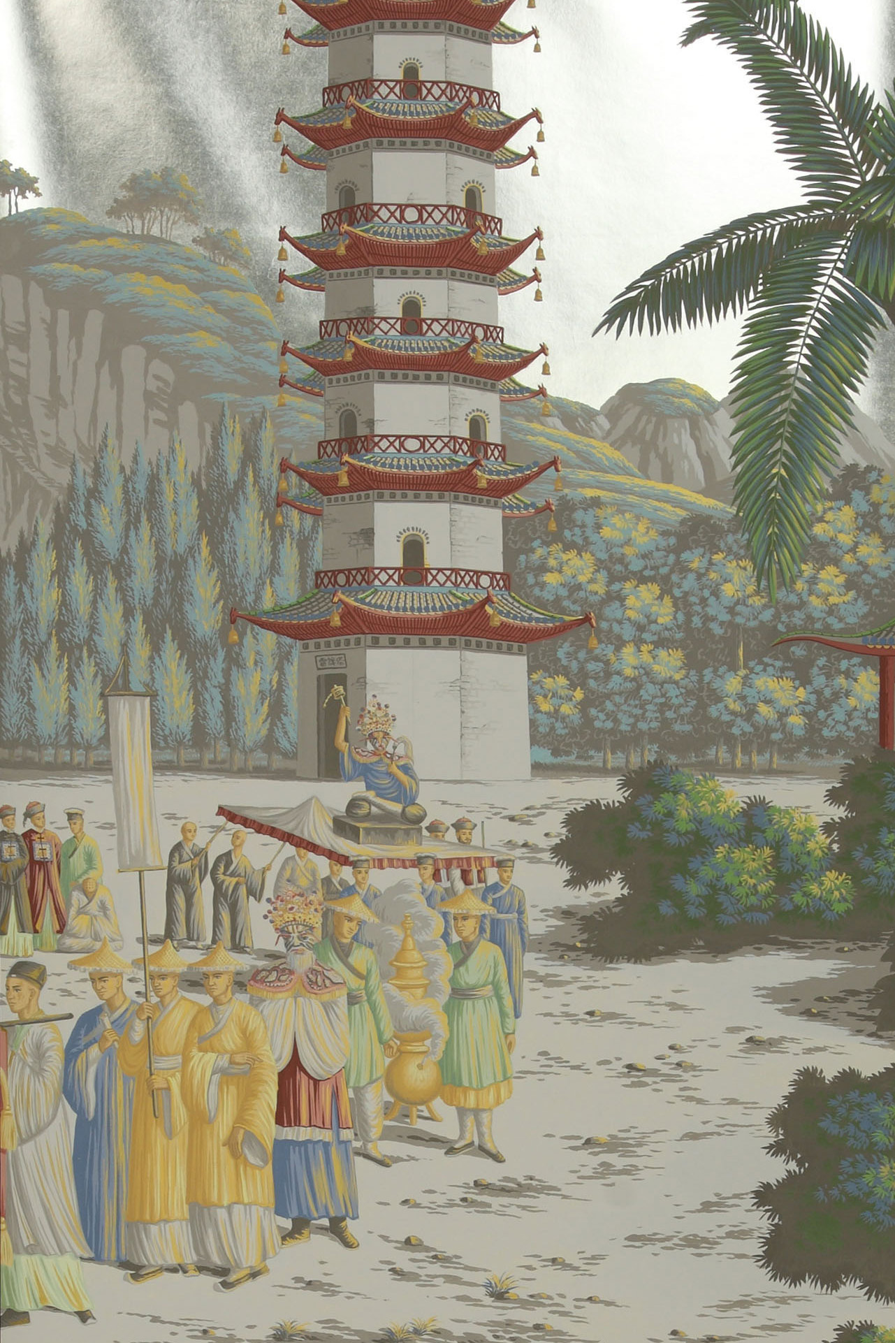 'Procession Chinoise' in Special Colourway on White Metal gilded paper