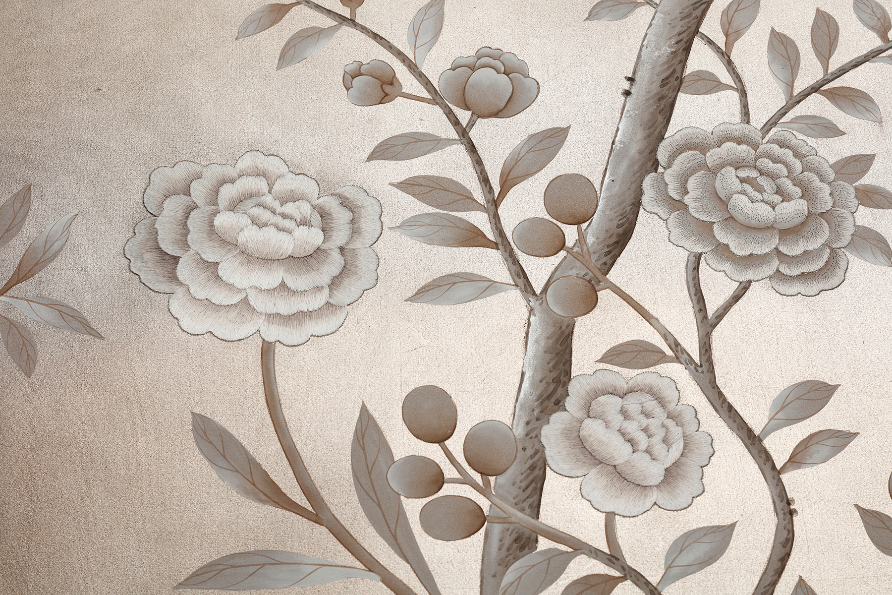 'Salon Vert' in Special Colourway SC-113 design colours on Pewter gilded silk with hand embroidery