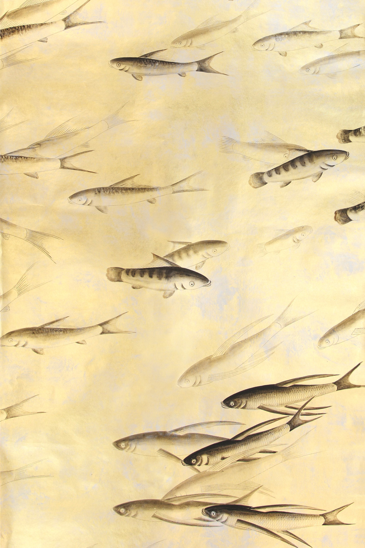 'Fishes' in Original design colours on Deep Rich Gold gilded paper with désargenter pearlescent antiquing