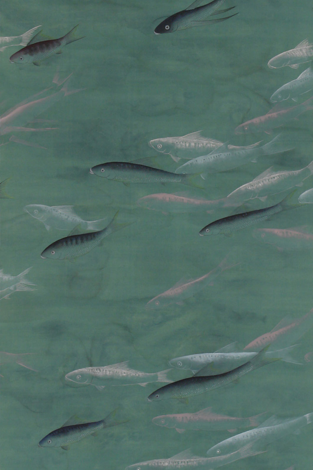 'Fishes' in Special Colourway SC-265 on blue green painted silk with antiquing
