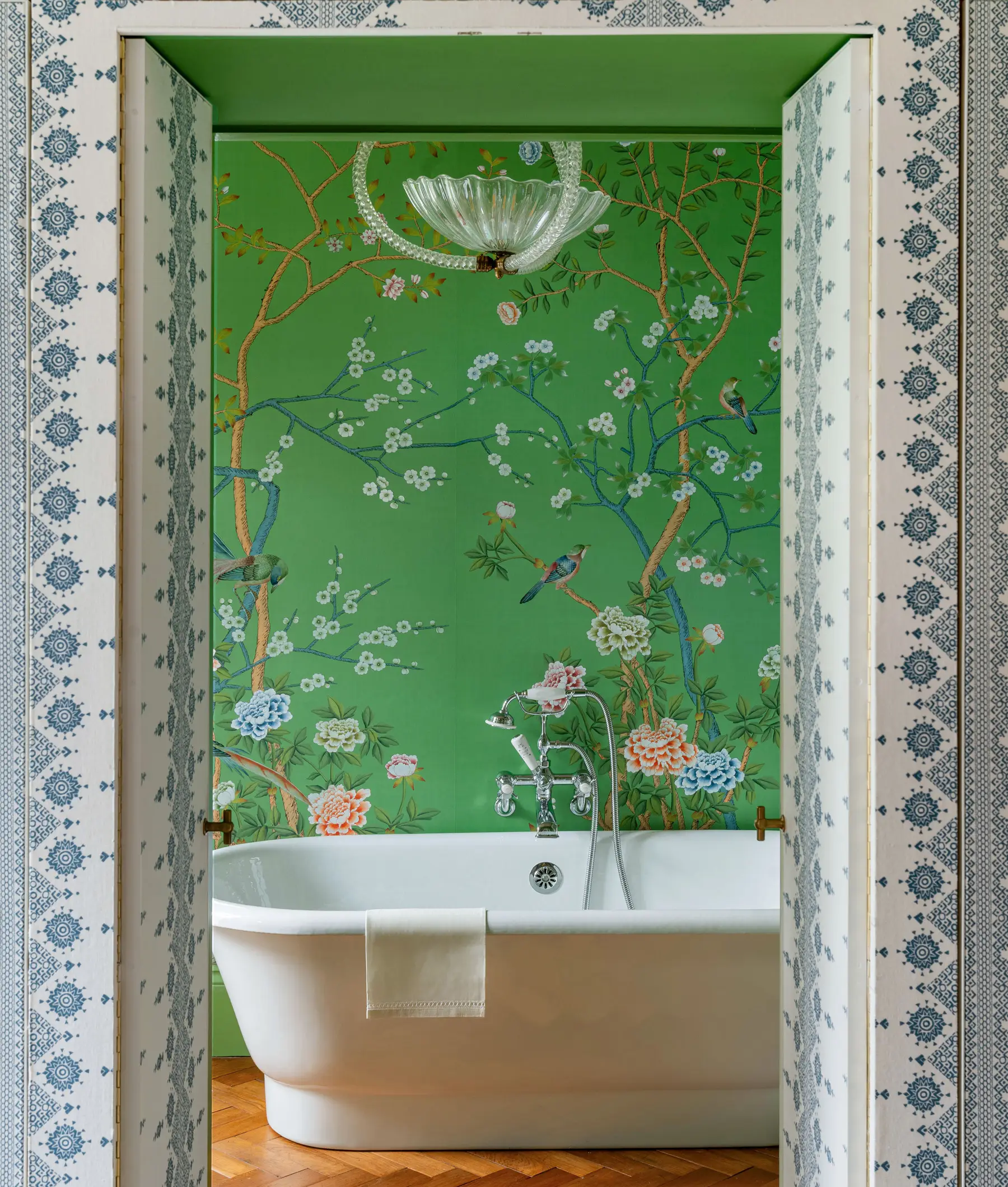'Earlham' in standard design colours on Emerald Green dyed silk