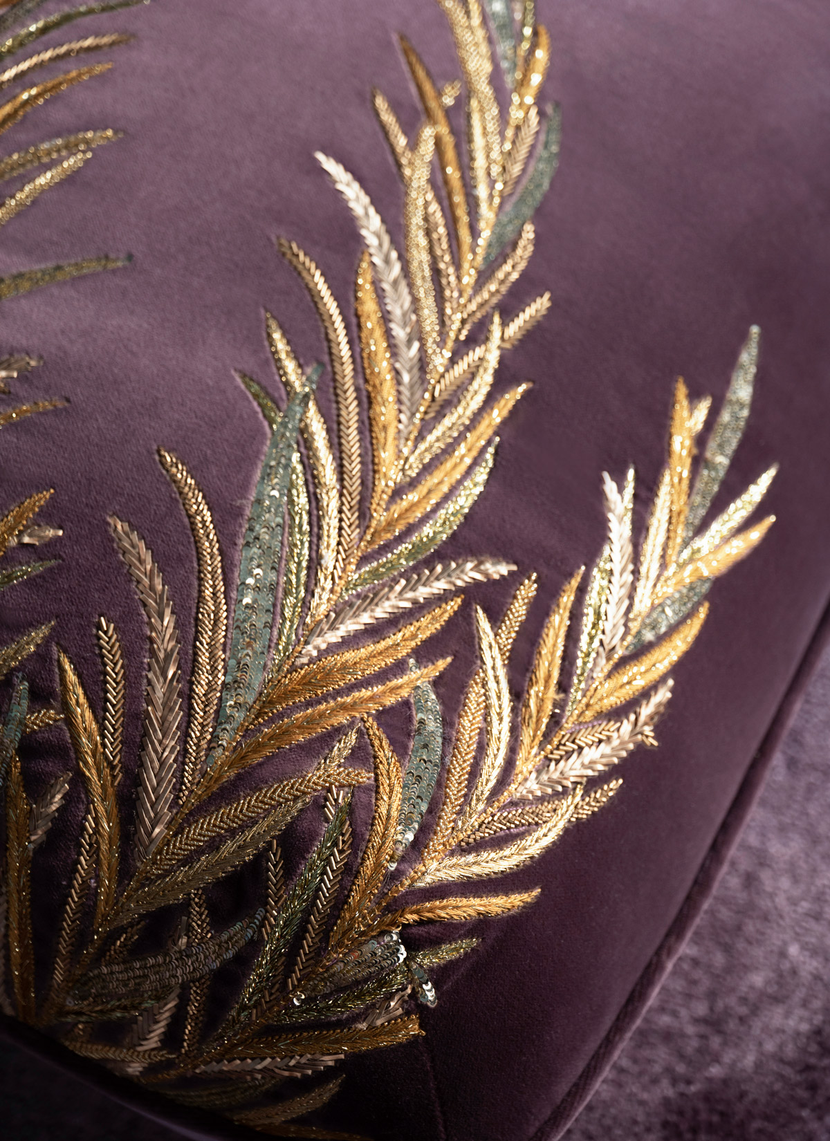 Deco Palms in Original design colours on purple silk velvet