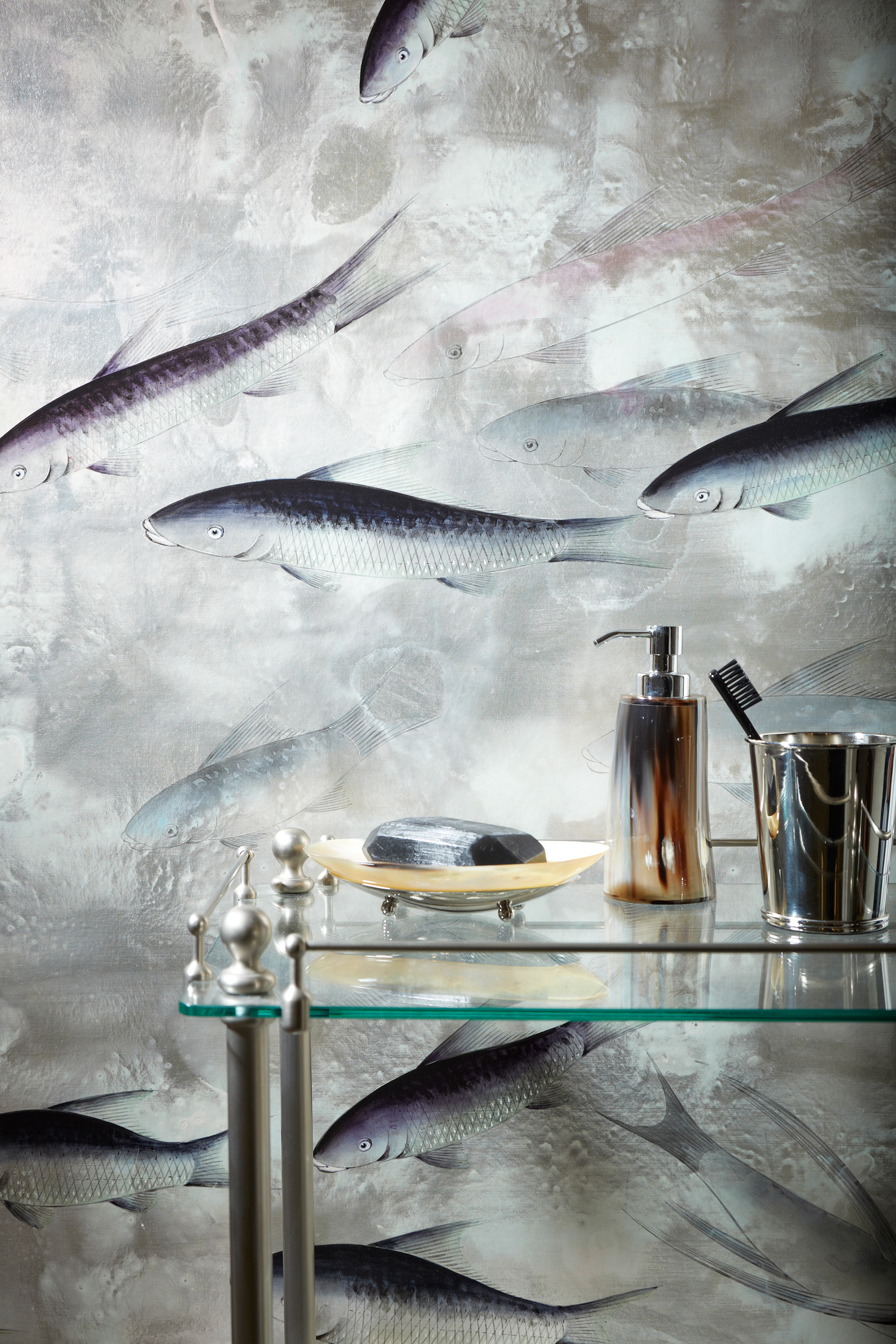 'Fishes' in Blue Pearl design colours on Tarnished Silver gilded paper with pearlescent antiquing