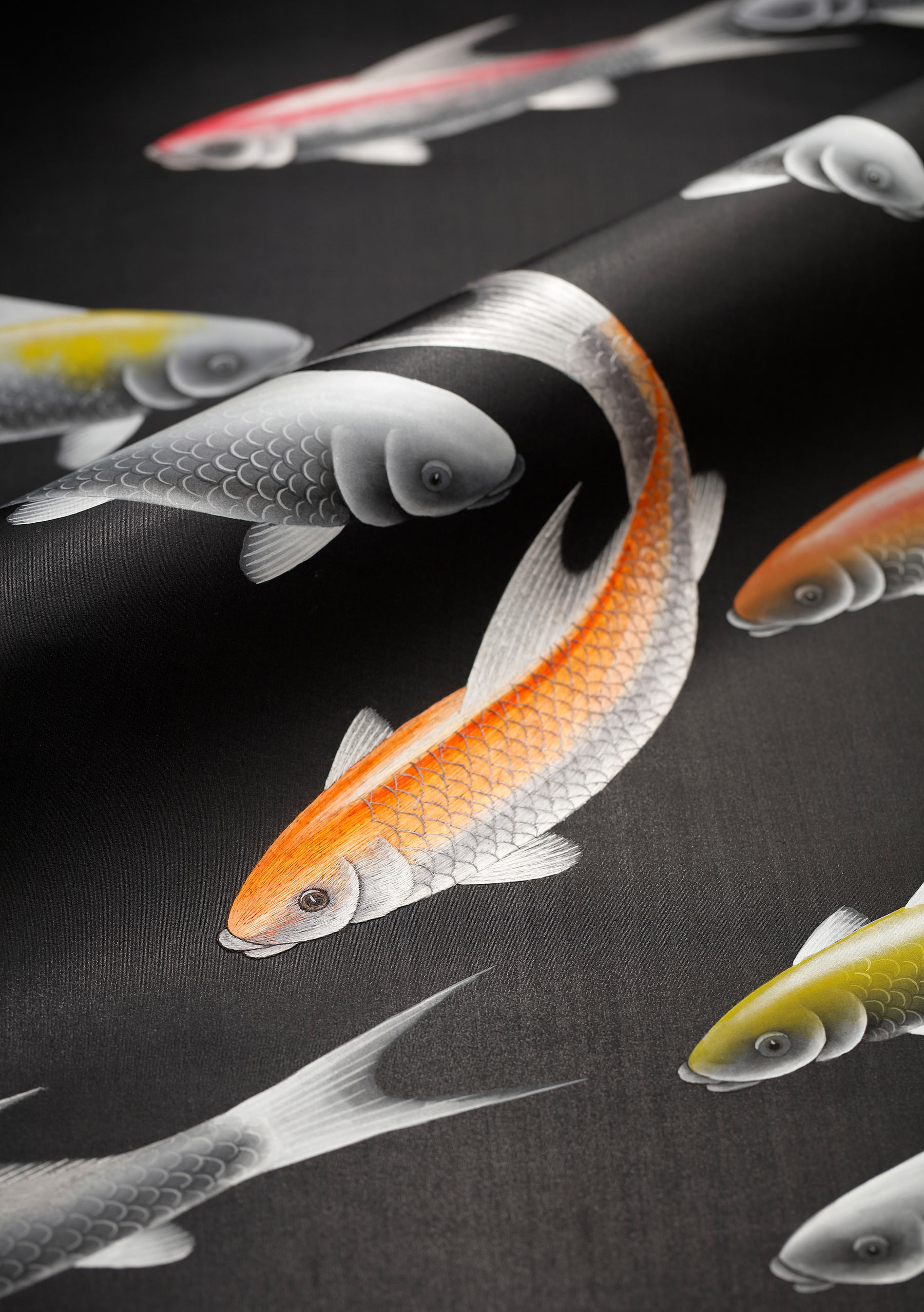 'Fishes' in Koi design colours on Pitch dyed silk with hand embroidery