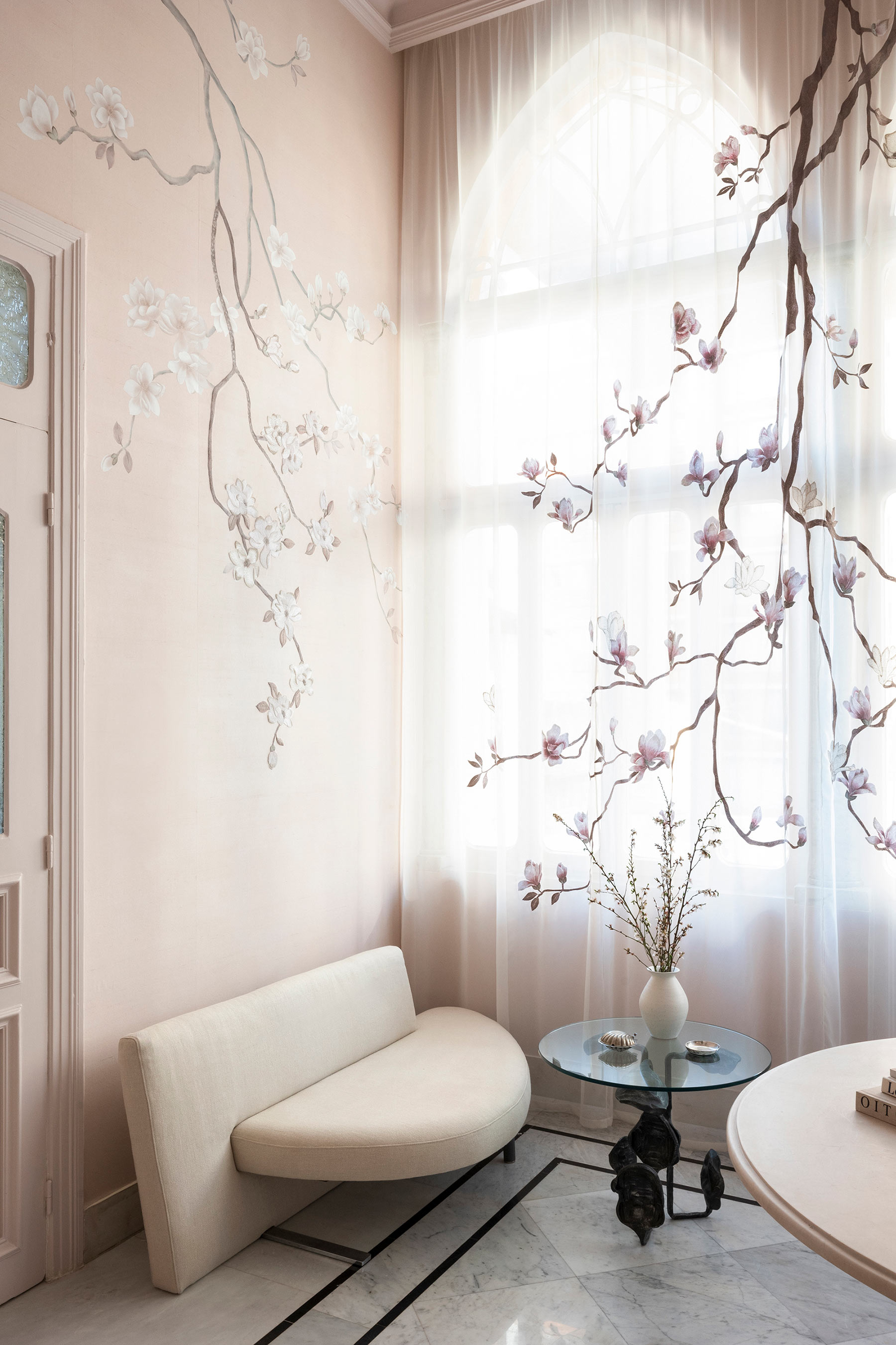 'Magnolia Canopy' in Original design colours on Rose Water metallic slub silk with hand embroidery