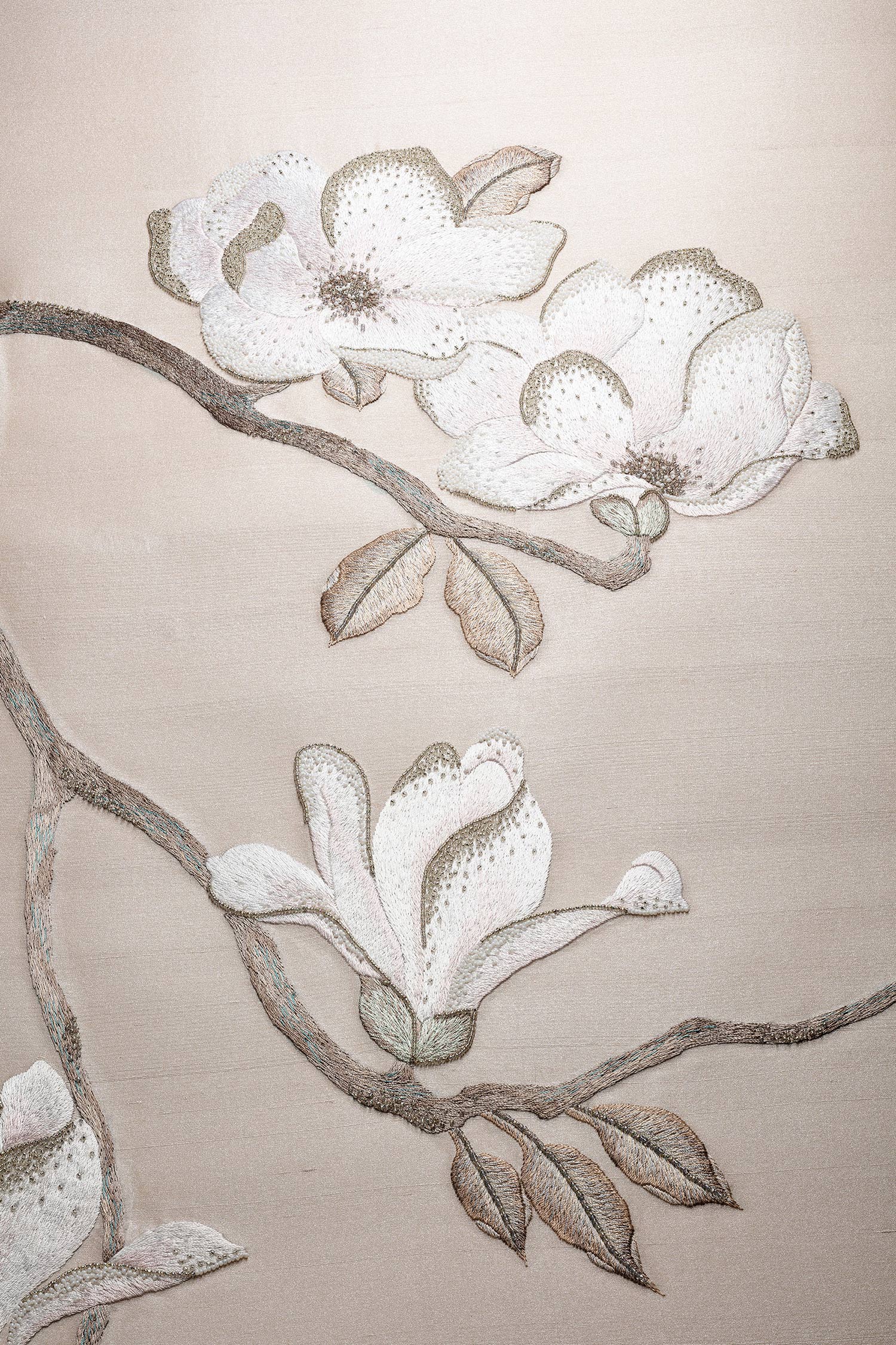 'Magnolia Canopy' in Original design colours on Rose Water metallic slub silk with hand embroidery