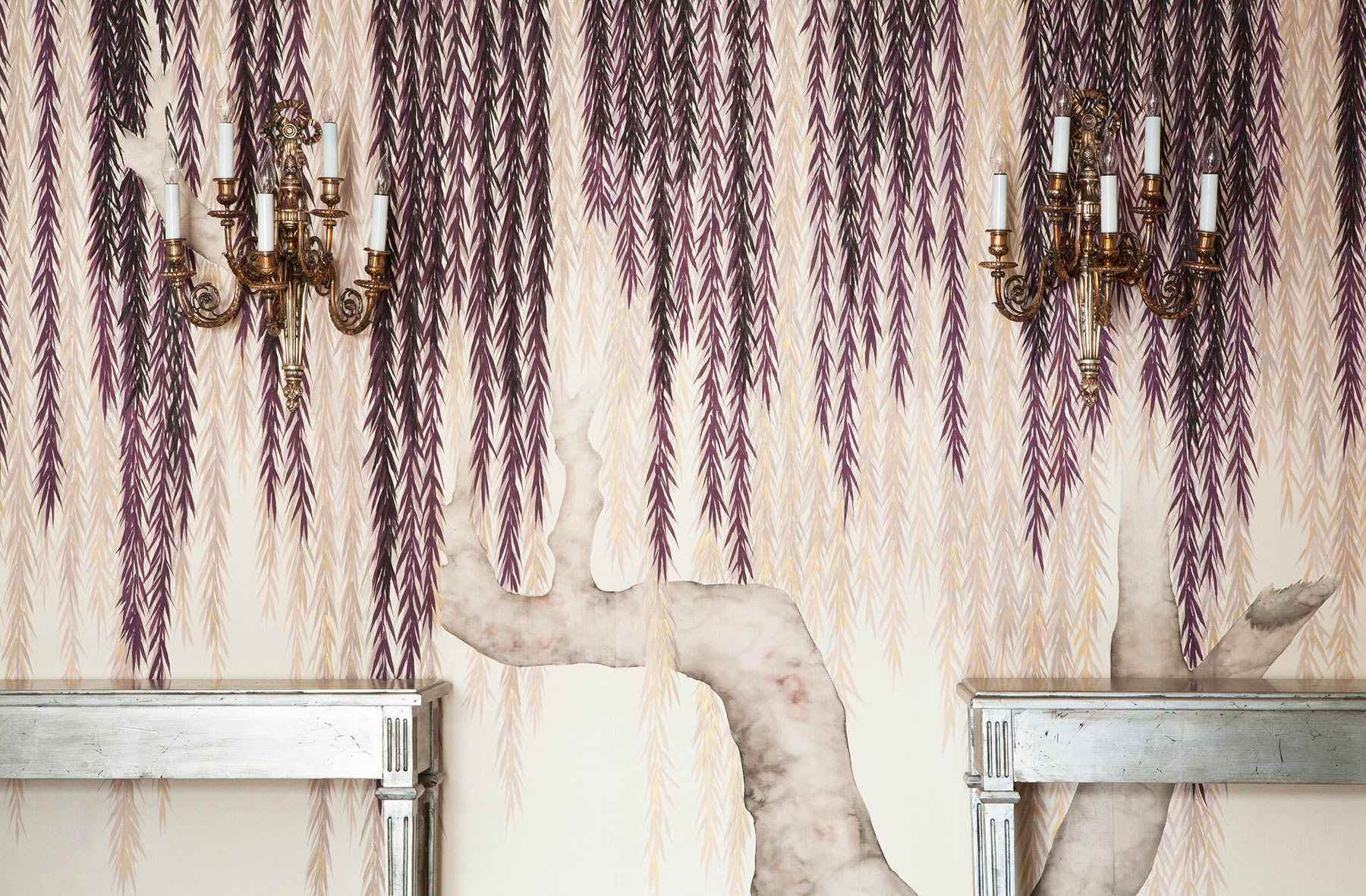'Willow' in Boysenberry design colours on Bleached White dyed silk